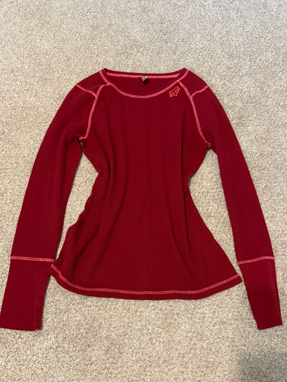 Y2K Fox Red Waffle Knit Fitted Long Sleeve Shirt Racing Size Medium Racer